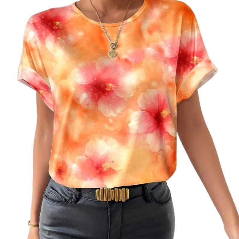 Damen nan lockeres Kurzblusen-Shirt in Seidenoptik mit Aquarellblütenprint und Umschlagärmeln Echo Archiv