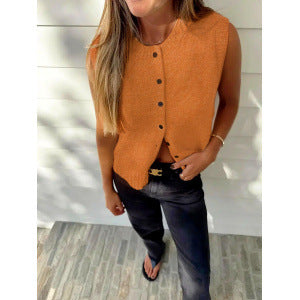 Damen gestrickte ärmellose Knopf-Weste mit Rippkragen – Veloura