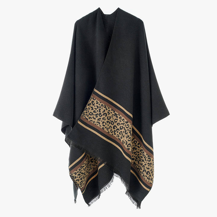 Damen Kimono-Cape im Wickelstil mit Animalbordüre und Fransenabschluss – Avérine