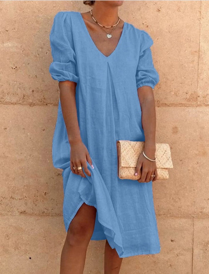 Damen lässiges Leinenkleid mit V-Ausschnitt und Puffärmeln – Lunéa