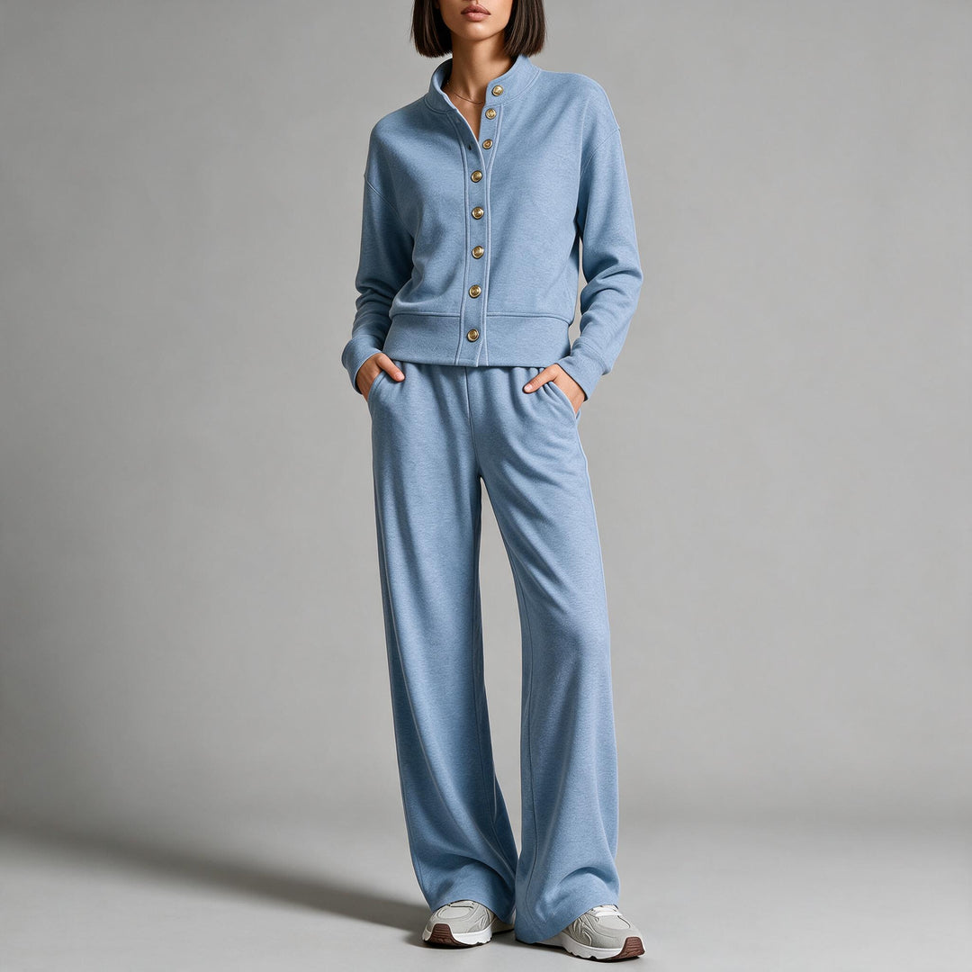 Damen Sweatjacke mit Druckknopfleiste, Stehkragen und weichem Lounge-Schnitt Echoarchiv