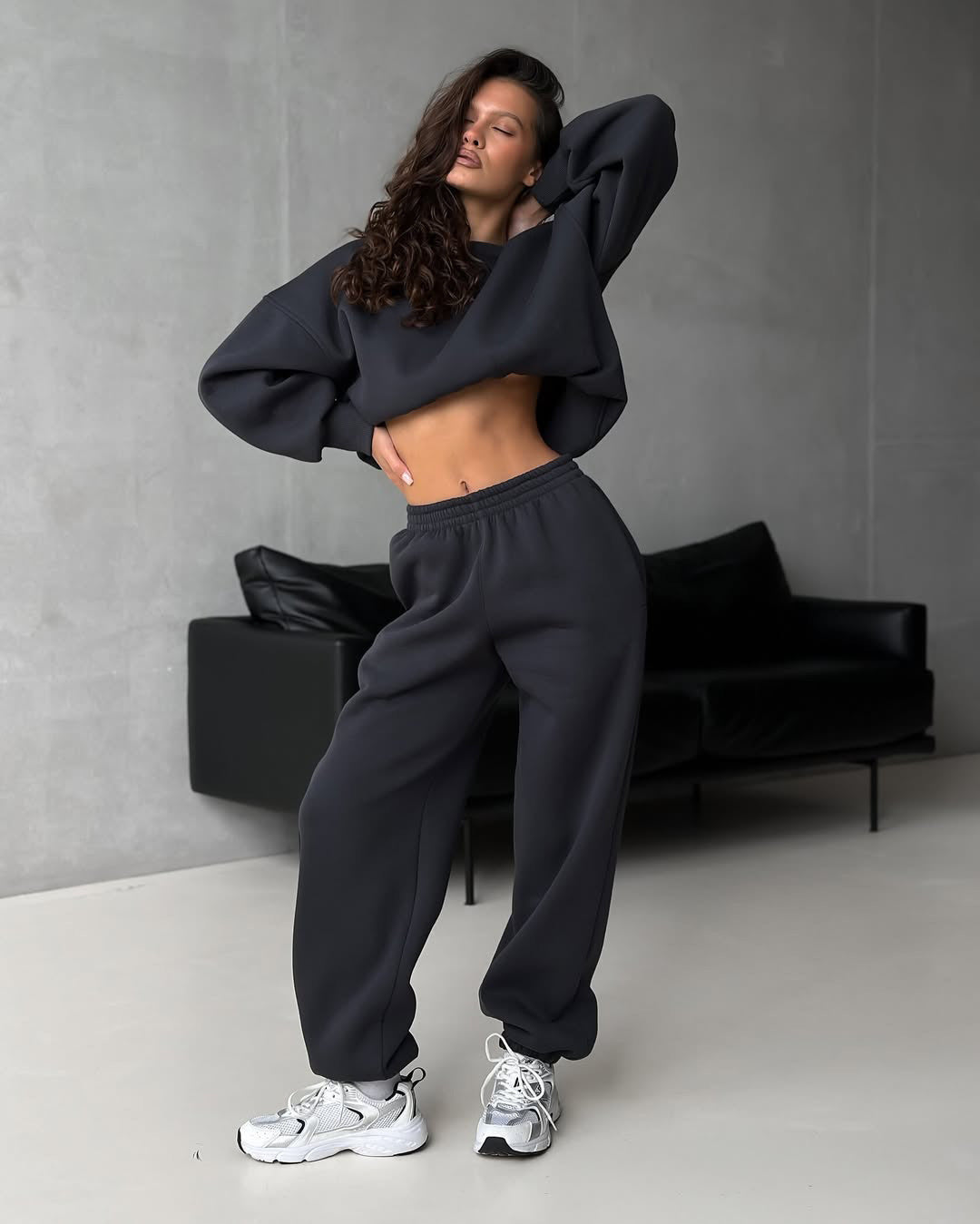 Damen taillenhohe French-Terry Jogginghose mit elastischem Bund und gerippten Fußbündchen – Avélisse