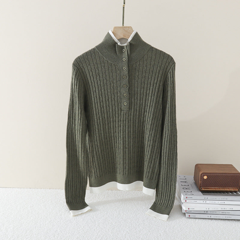 Damen Feinstrick-Polo-Pullover mit Rippstruktur, Stehkragen und Knopfleiste Echo Archiv