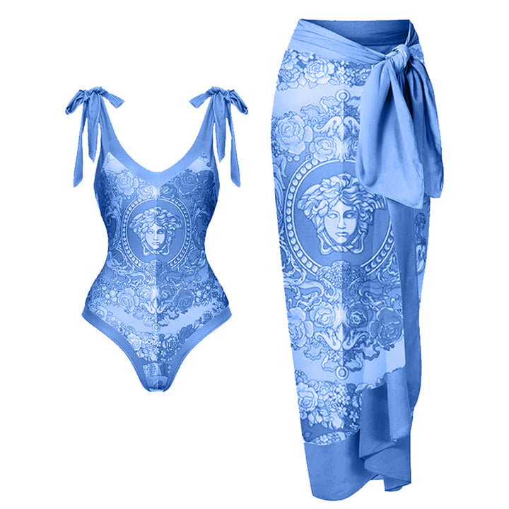 Damen Einteiler Badeanzug mit verspielten Bindebändern und elegantem Wickelrock Echo Archiv