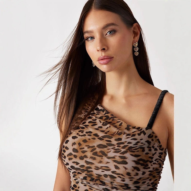 Damen Asymmetrisches Top mit Leopardenmuster und raffinierten Rüschen Echo Archiv