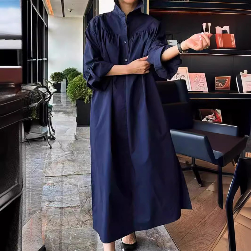 Damen Maxikleid im Oversize-Hemdstil mit Stehkragen, Schulterpasse und Eingrifftaschen Echoarchiv