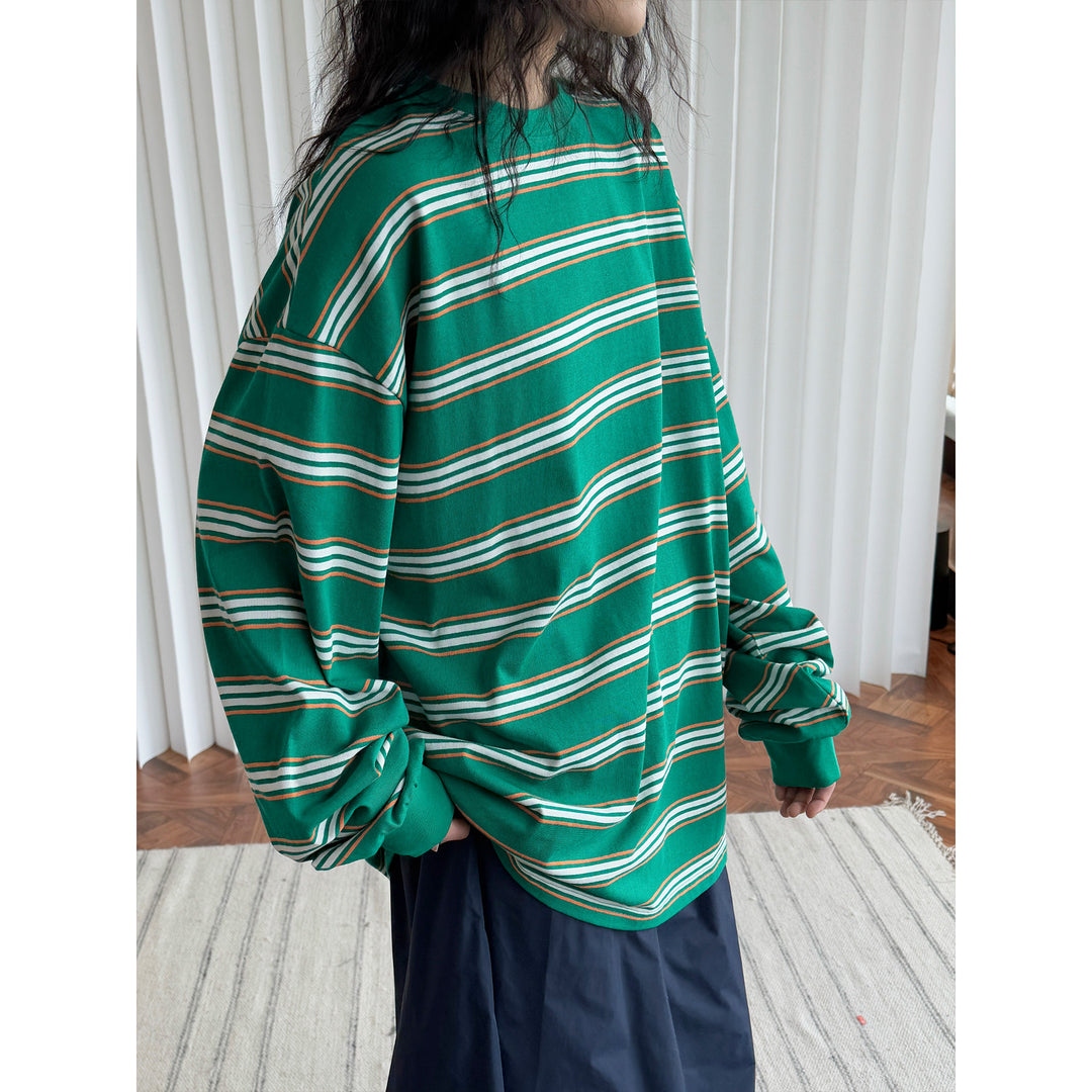 Damen Oversize-gestreiftes Baumwolljersey-Longsleeve mit überschnittener Schulter Echoarchiv