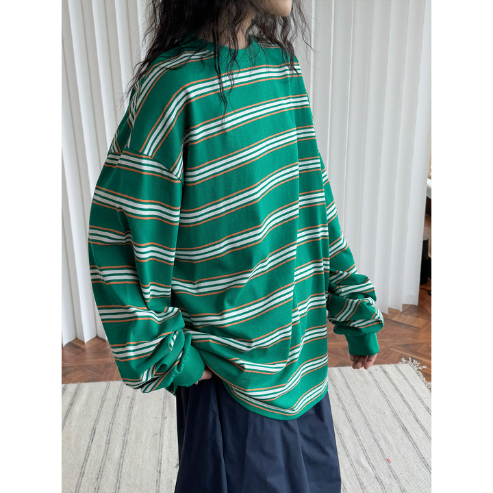 Damen Oversize-gestreiftes Baumwolljersey-Longsleeve mit überschnittener Schulter Echoarchiv