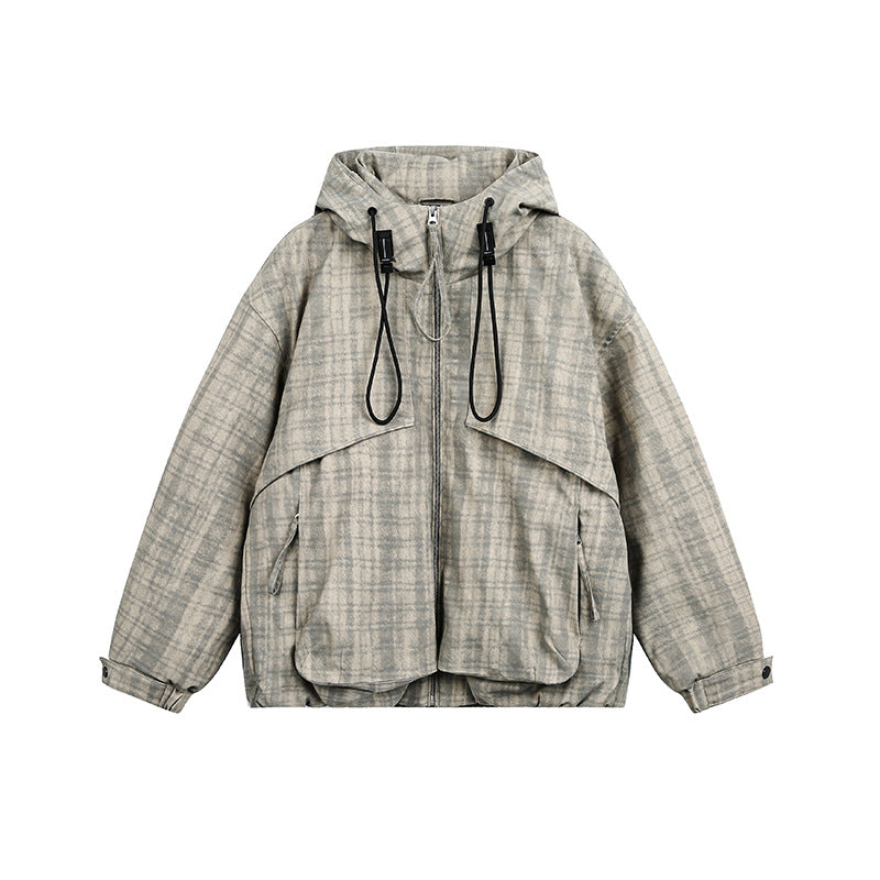 Unisex Oversize Utility Kapuzenjacke mit Karomuster und Kordelzug Echoarchiv
