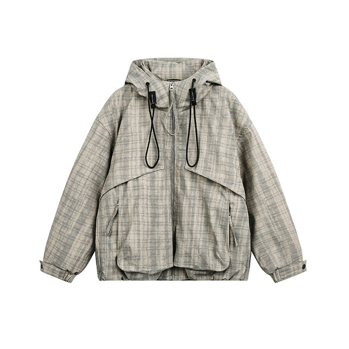 Unisex Oversize Utility Kapuzenjacke mit Karomuster und Kordelzug Echoarchiv