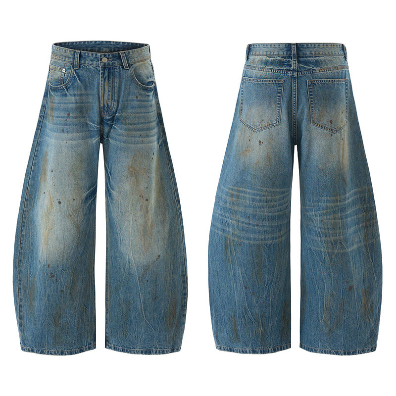 Herren Ultraweite Denim-Baggyhose im Vintage-Look mit Farbpatina und tiefem Schritt Echo Archiv