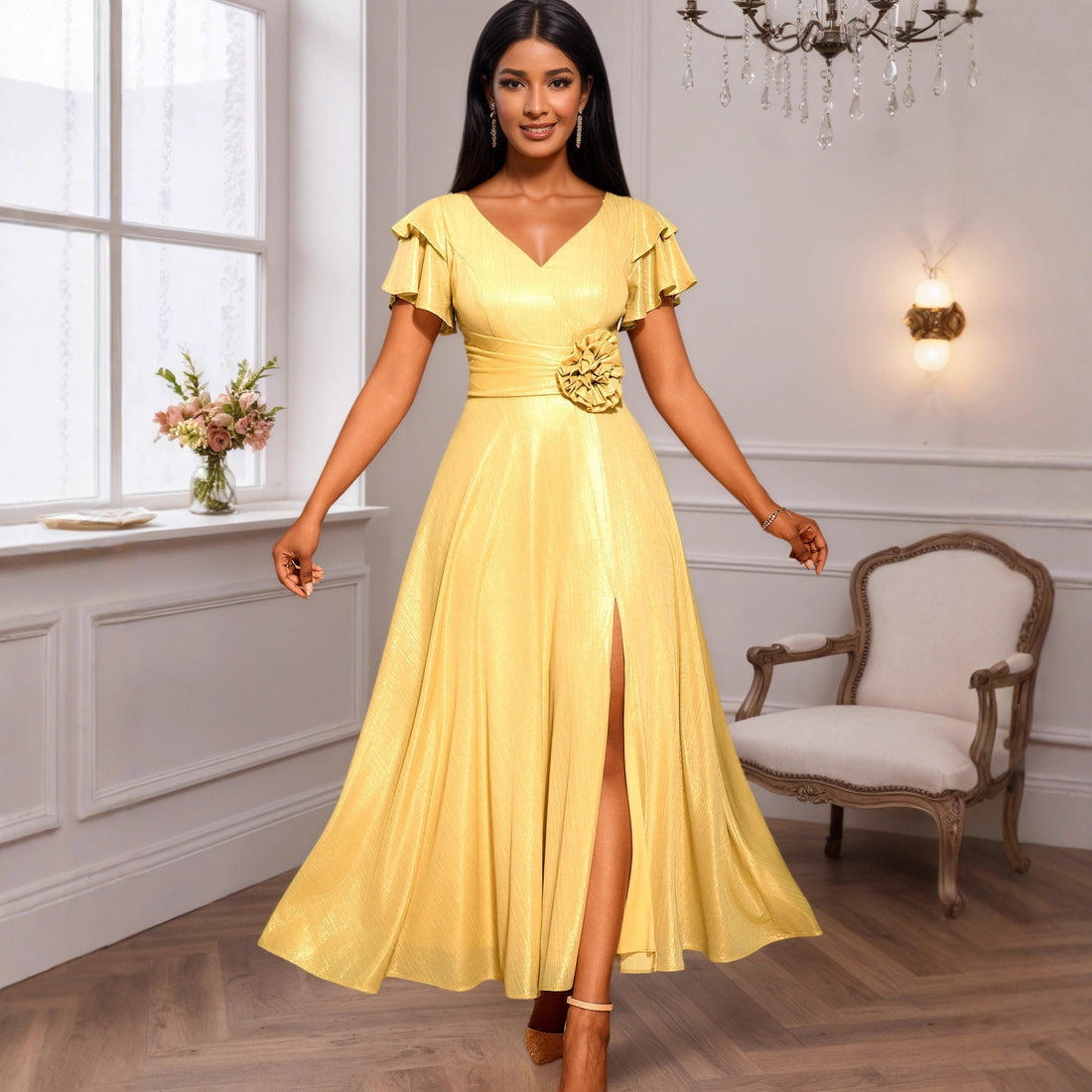 Damen Elegantes Maxikleid mit üppigem Volant und floralem Akzent – Valéora