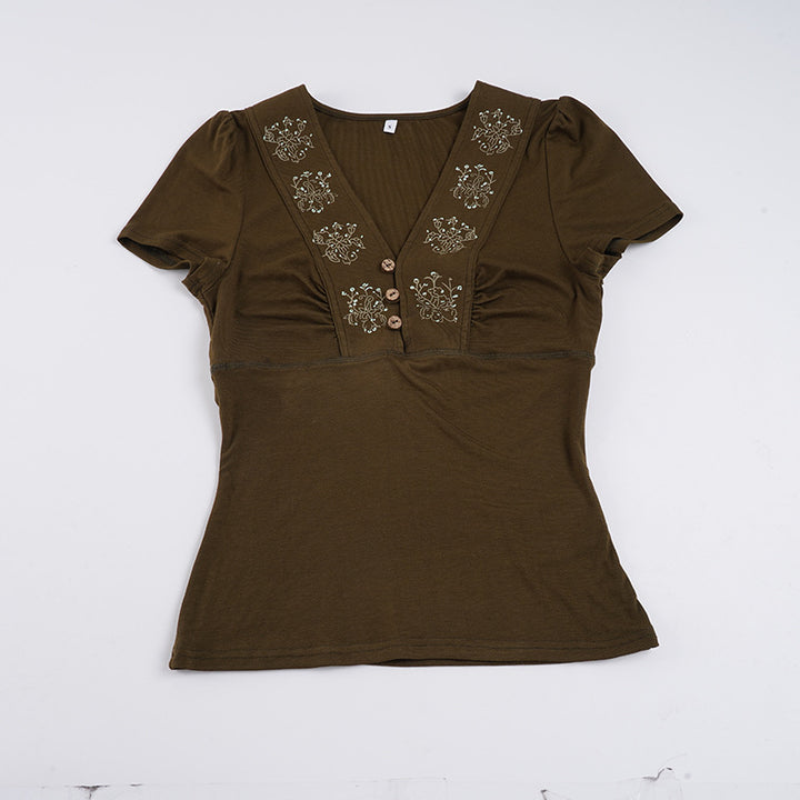 Damen T-Shirt mit floralem Stickmuster und Knopfleiste Echo Archiv