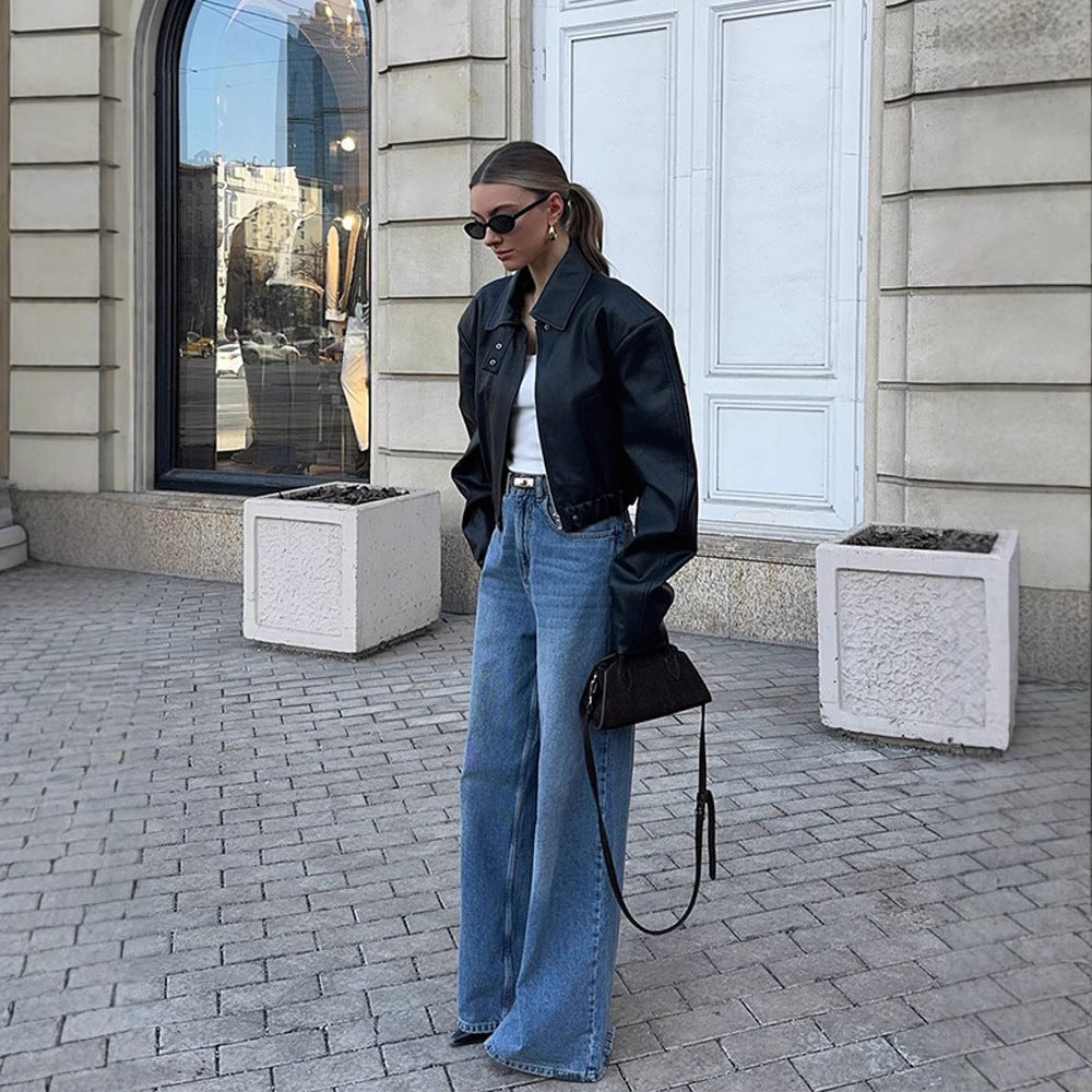 Damen Kurzgeschnittene Oversize-Lederjacke mit Hemdkragen, Cropped‑Silhouette und extraweiten Ärmeln Echoarchiv