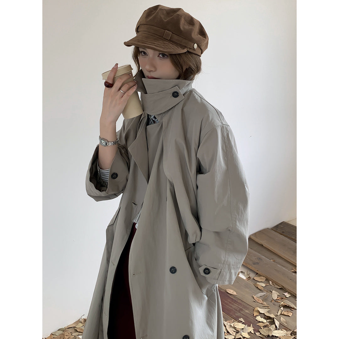 Damen Oversize Trenchcoat mit hohem Stehkragen und doppelreihiger Knopfleiste Echoarchiv