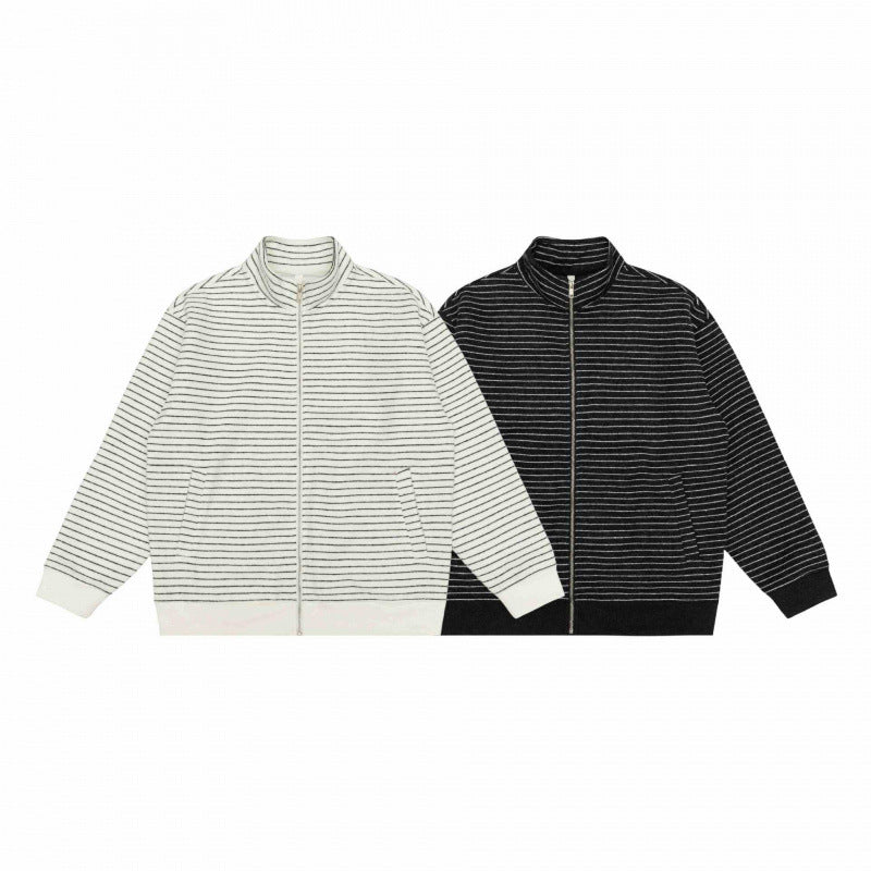 Unisex Gestreifte Strick-Zipjacke mit Stehkragen und aufgesetzten Eingrifftaschen Echo Archiv