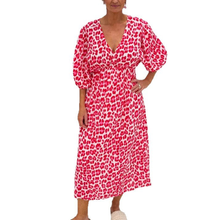 Damen nan Maxikleid mit tiefem V-Ausschnitt, voluminösen Puffärmeln und smockierter Taillennaht Echo Archiv