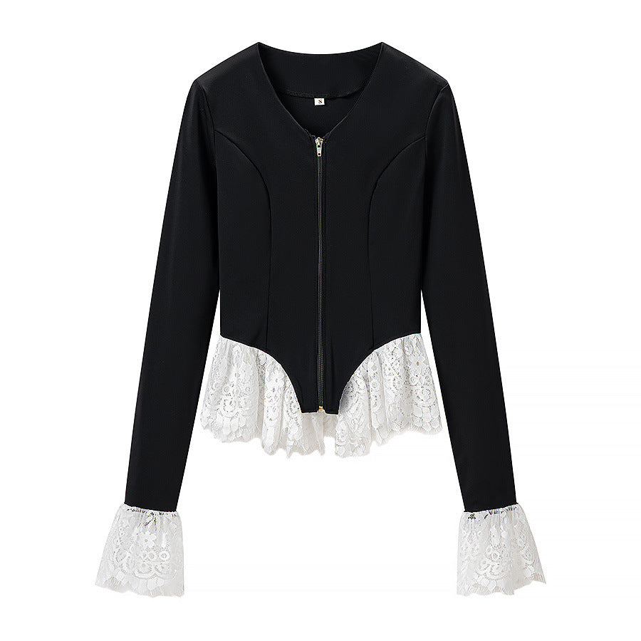 Damen Taillierte Kurzjacke mit Mittelreißverschluss und Spitzenvolants Echo Archiv