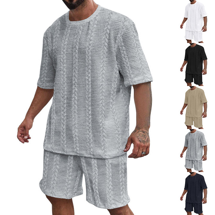 Herren nan entspanntes Zopfstrick-Freizeitset mit weitem Kurzarmshirt und elastischer Bermuda Echo Archiv