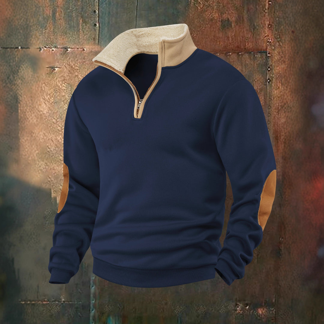 Herren Fleece-Pullover mit hochabschließendem Kragen und modischen Lederapplikationen Echoarchiv