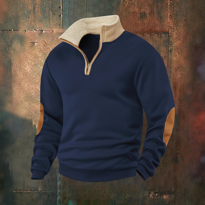 Herren Fleece-Pullover mit hochabschließendem Kragen und modischen Lederapplikationen Echoarchiv