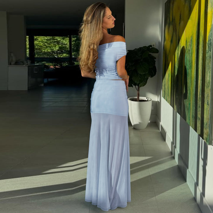 Damen Elegantes Off-Shoulder Maxikleid mit gerafftem Oberteil Echo Archiv