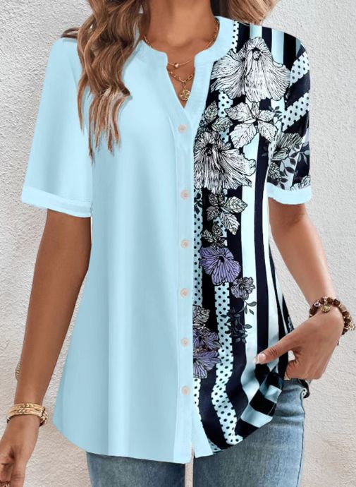 Damen nan zweigeteilte Hemdbluse mit asymmetrischem Muster-Mix, Knopfleiste und lockerer Hüftlänge Echo Archiv