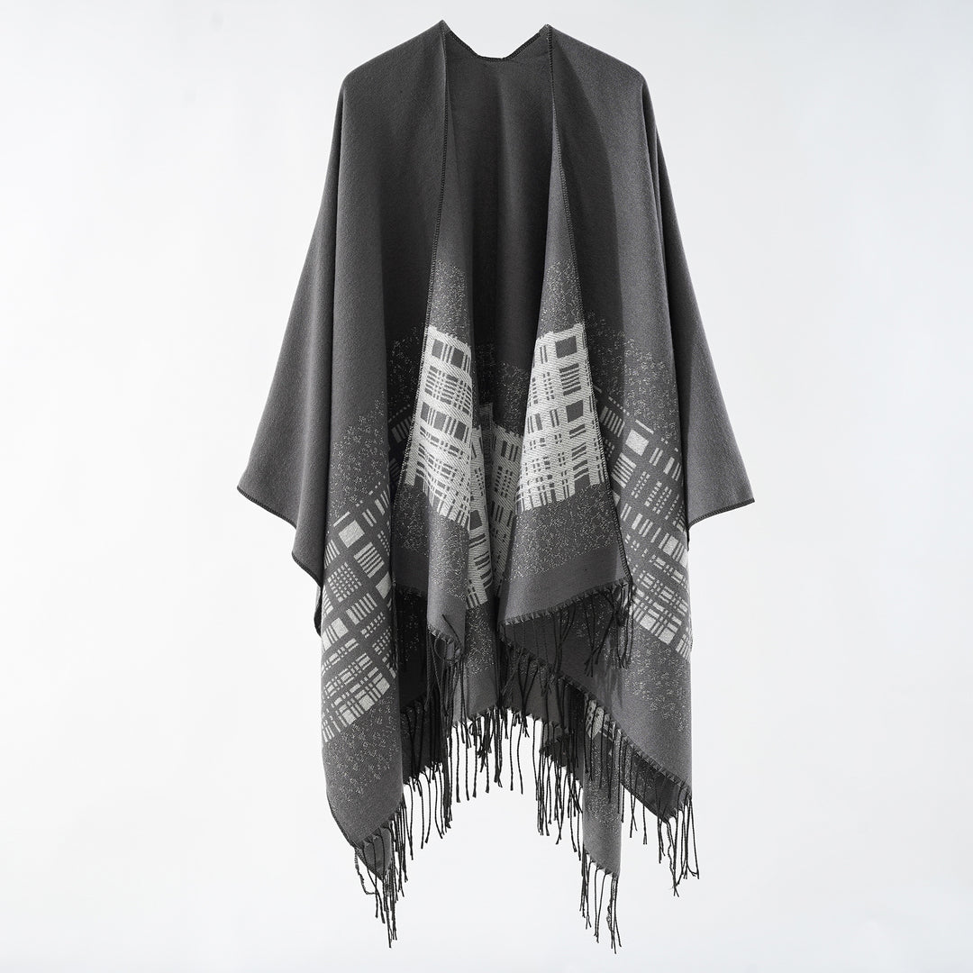 Damen Wollmix-Schulterponcho mit Jacquardmuster und Fransensaum Echo Archiv