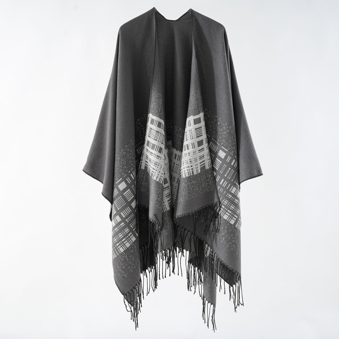 Damen Wollmix-Schulterponcho mit Jacquardmuster und Fransensaum – Célinea