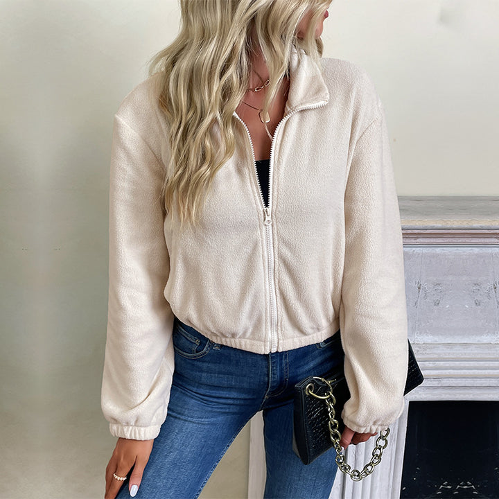 Damen Kurz geschnittene Fleece-Zipjacke mit Stehkragen und elastischem Saum Echoarchiv