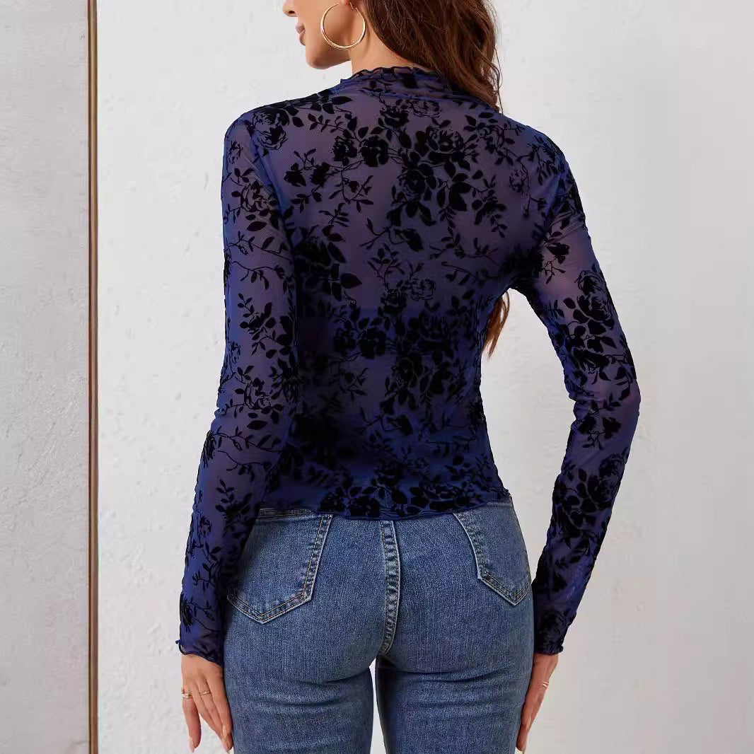 Damen nan transparentes Netzoberteil mit samtigem Floraldruck und Stehkragen Echo Archiv