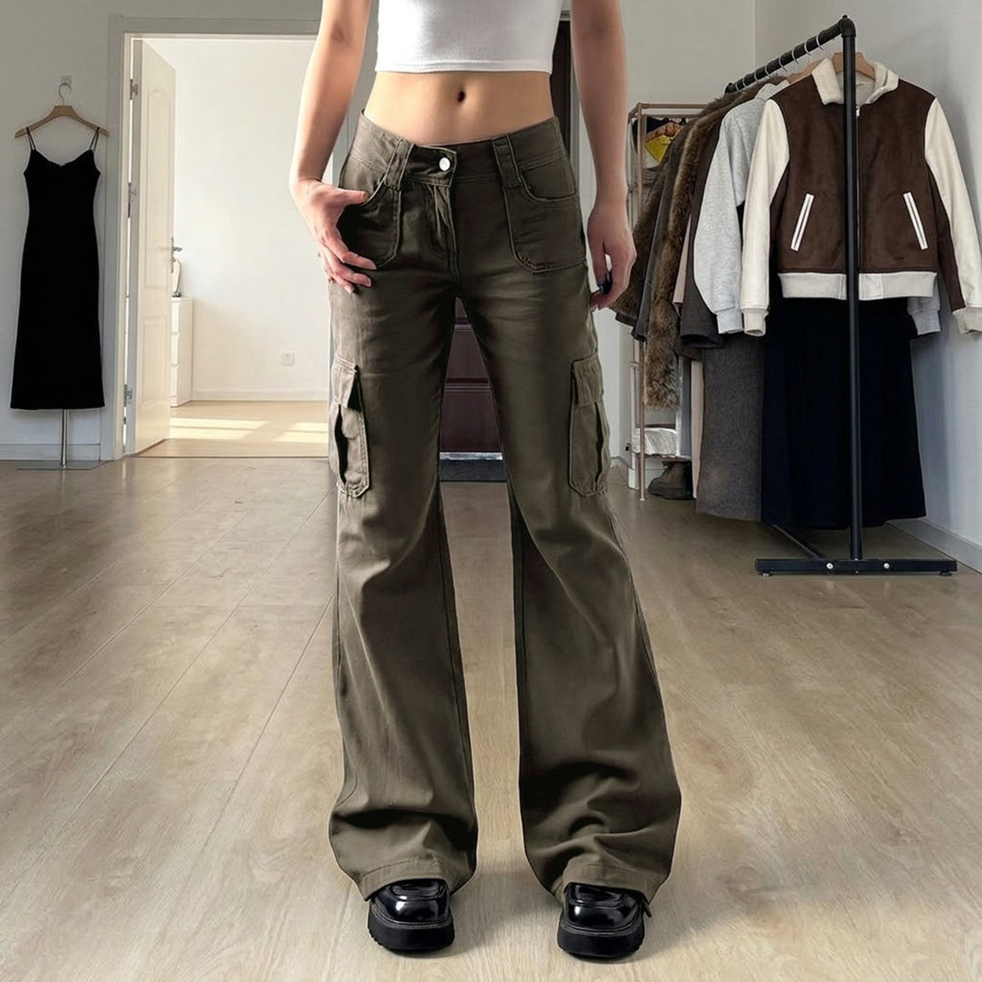 Damen Cargo-Flares mit hoher Taille, Klappentaschen und weitem Schlag Echo Archiv