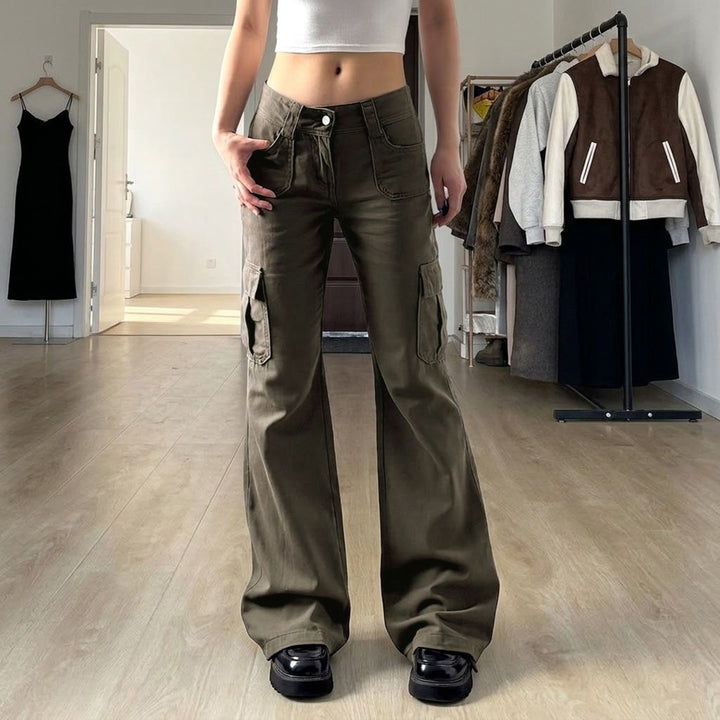 Damen Cargo-Flares mit hoher Taille, Klappentaschen und weitem Schlag Echo Archiv