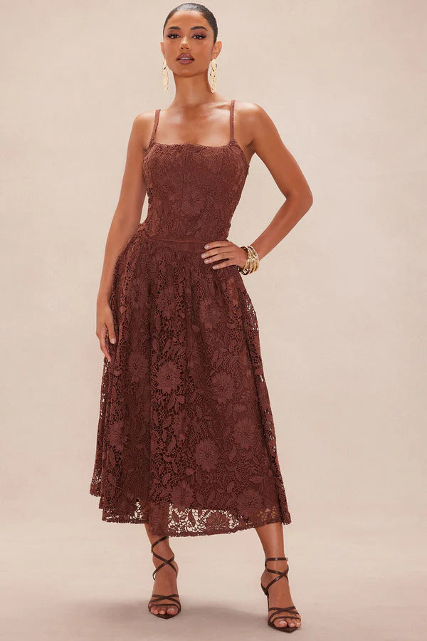 Damen Spitzen-Midi-Kleid mit zartem Blumenmuster und schwingendem Rock Echo Archiv