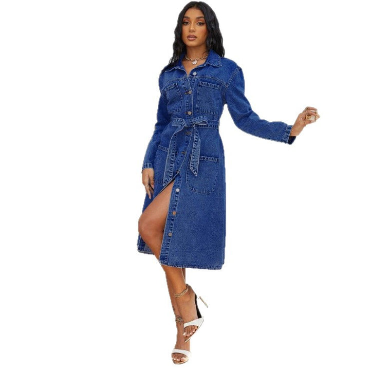 Damen Midikleid aus Denim mit Taillengürtel und durchgehender Knopfleiste Echo Archiv