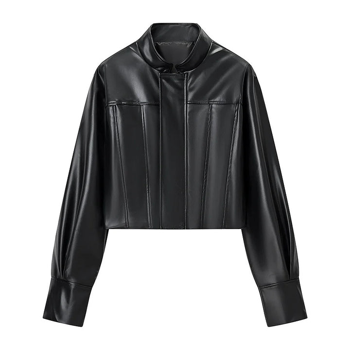 Damen kurze vegane Lederjacke im Cropped‑Korsettstil mit Stehkragen – Velloura