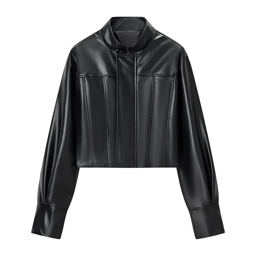 Damen kurze vegane Lederjacke im Cropped‑Korsettstil mit Stehkragen – Velloura
