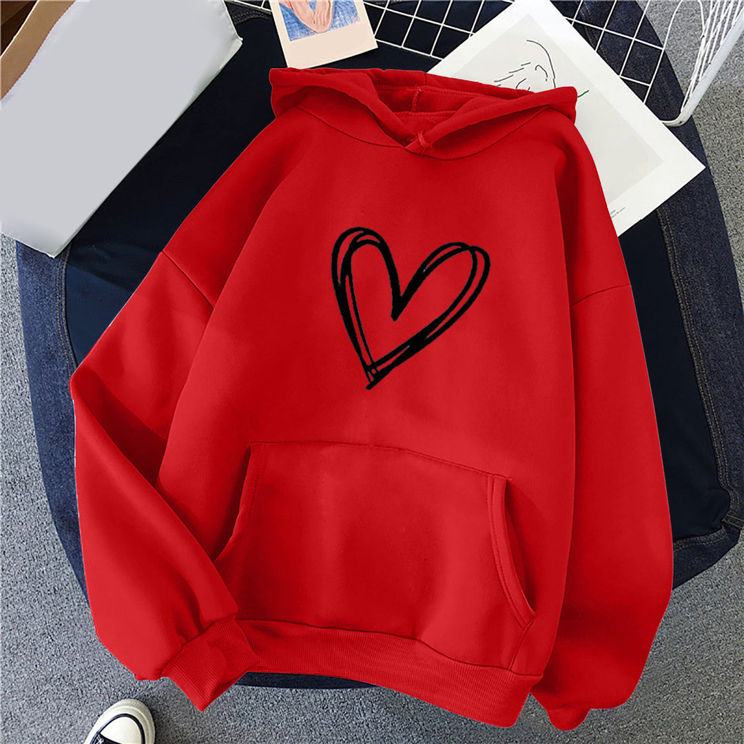 Damen oversized Kapuzenpullover mit handgezeichnetem Herzprint, Kängurutasche und weichem Fleece-Innenfutter – Auréline