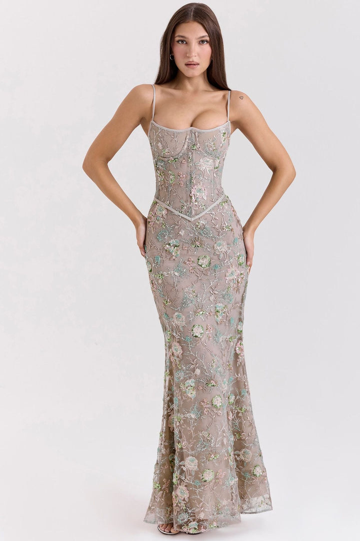 Damen nan elegantes besticktes Abendkleid mit Korsettoberteil und transparentem Spitzenüberzug Echoarchiv