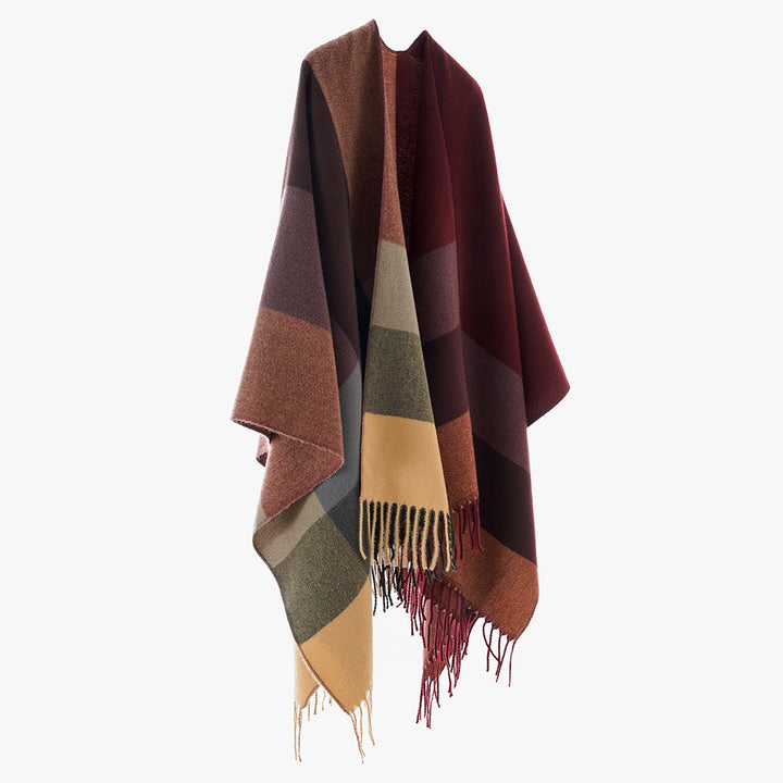 Damen Weit geschnittener Karierter Poncho mit Fransen und V‑Ausschnitt – Avérine