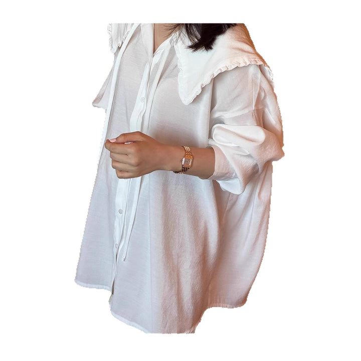 Damen Oversize-Hemdbluse mit großem Rüschenkragen und Krempelärmeln Echoarchiv