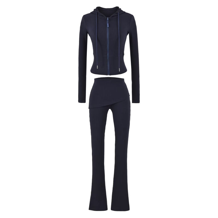 Damen Rippstrick Lounge-Set mit Kapuzenjacke und Wickelbund-Hose Echoarchiv