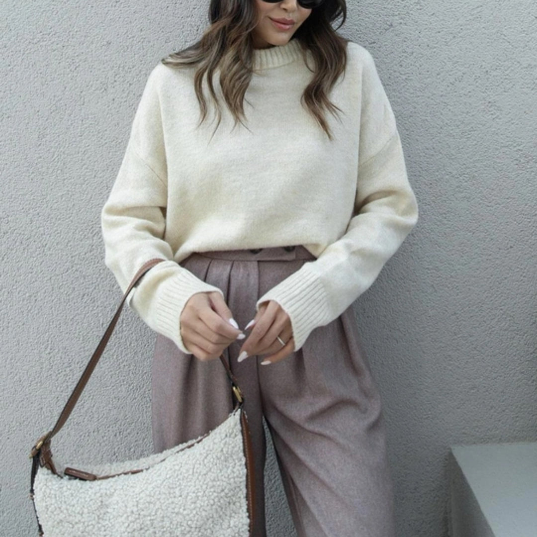 Damen Oversize-Feinstrickpullover mit kurzem Rumpf und geripptem Stehkragen – Mavelle