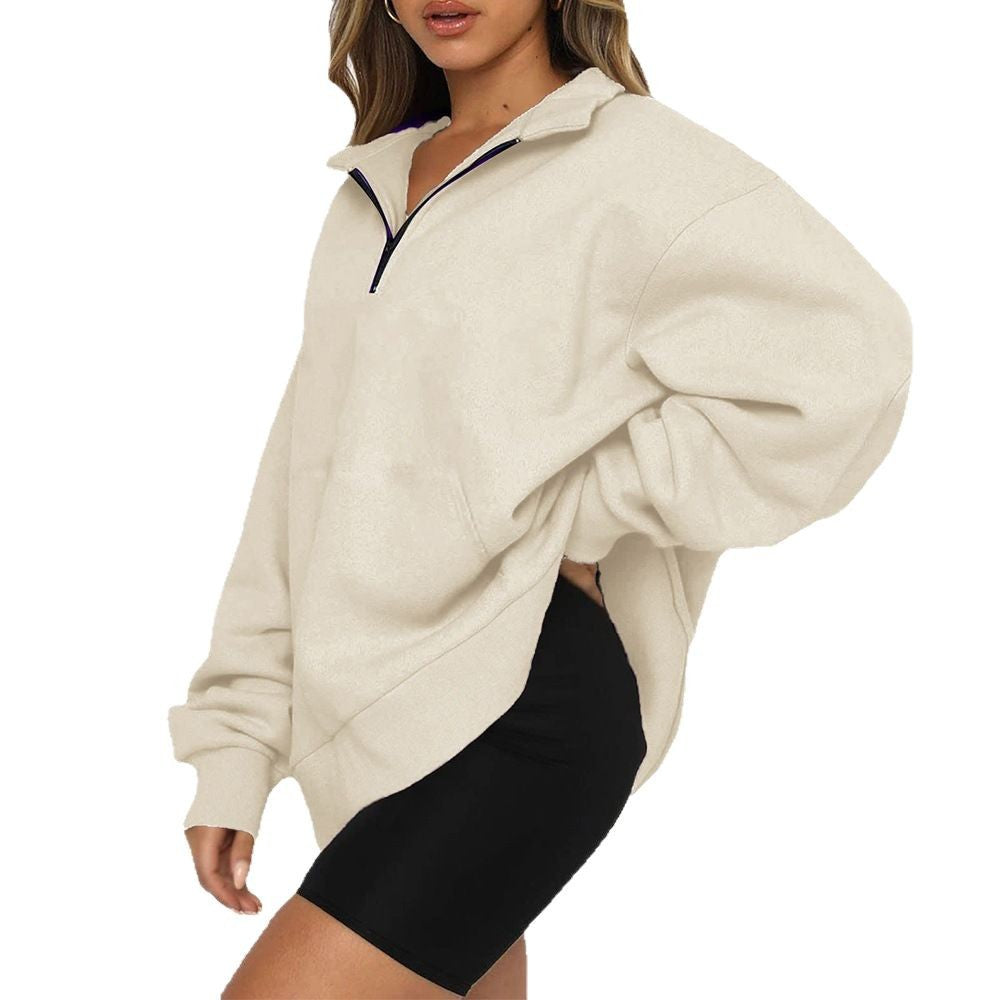 Damen nan Oversize-Halbzip-Kapuzenpullover mit Kängurutasche und verlängertem Saum Echo Archiv