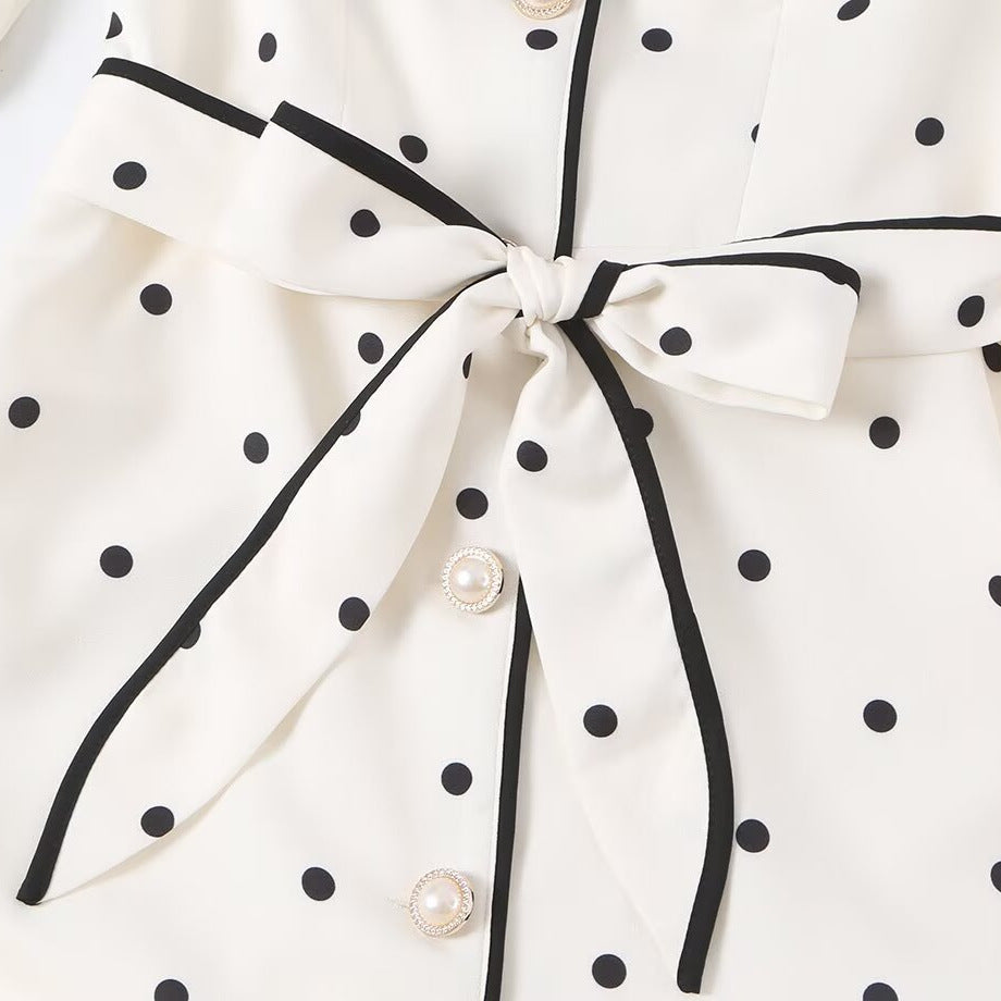 Damen Midi-Hemdblusenkleid mit Polka‑Dot, Kontrastpaspel und Taillengürtel Echoarchiv