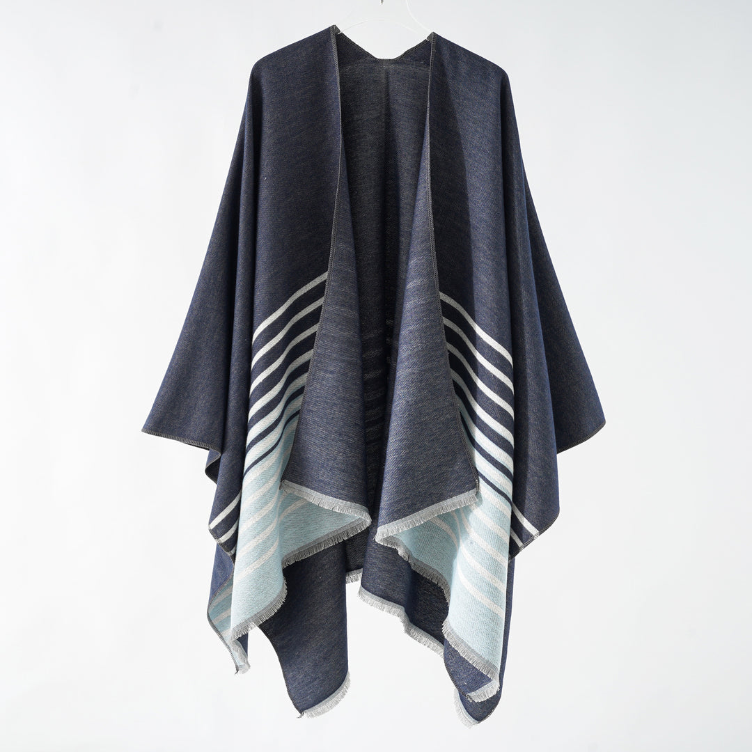 Damen Oversize-Umhangponcho im kastigen Fall mit diagonalem Streifenpanel und feinfransigem Saum Echo Archiv