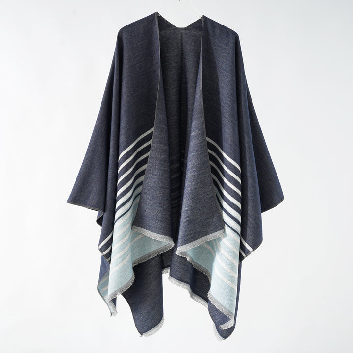 Damen Oversize-Umhangponcho im kastigen Fall mit diagonalem Streifenpanel und feinfransigem Saum Echo Archiv