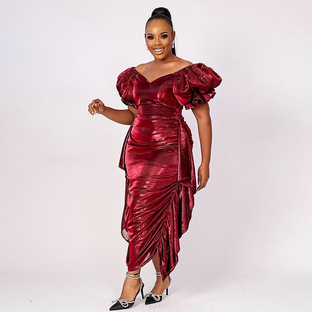 Damen elegantes Kleid mit voluminösen Ballonärmeln und asymmetrischem Saum Echo Archiv