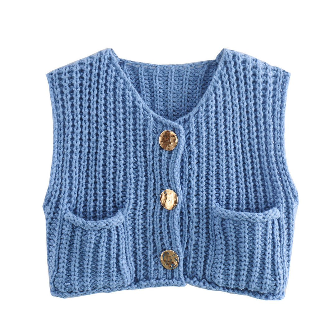 Damen Kurzgeschnittene Ärmellose Strickweste mit V-Ausschnitt und Zierknöpfen – Veloura