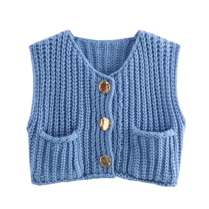Damen Kurzgeschnittene Ärmellose Strickweste mit V-Ausschnitt und Zierknöpfen – Veloura